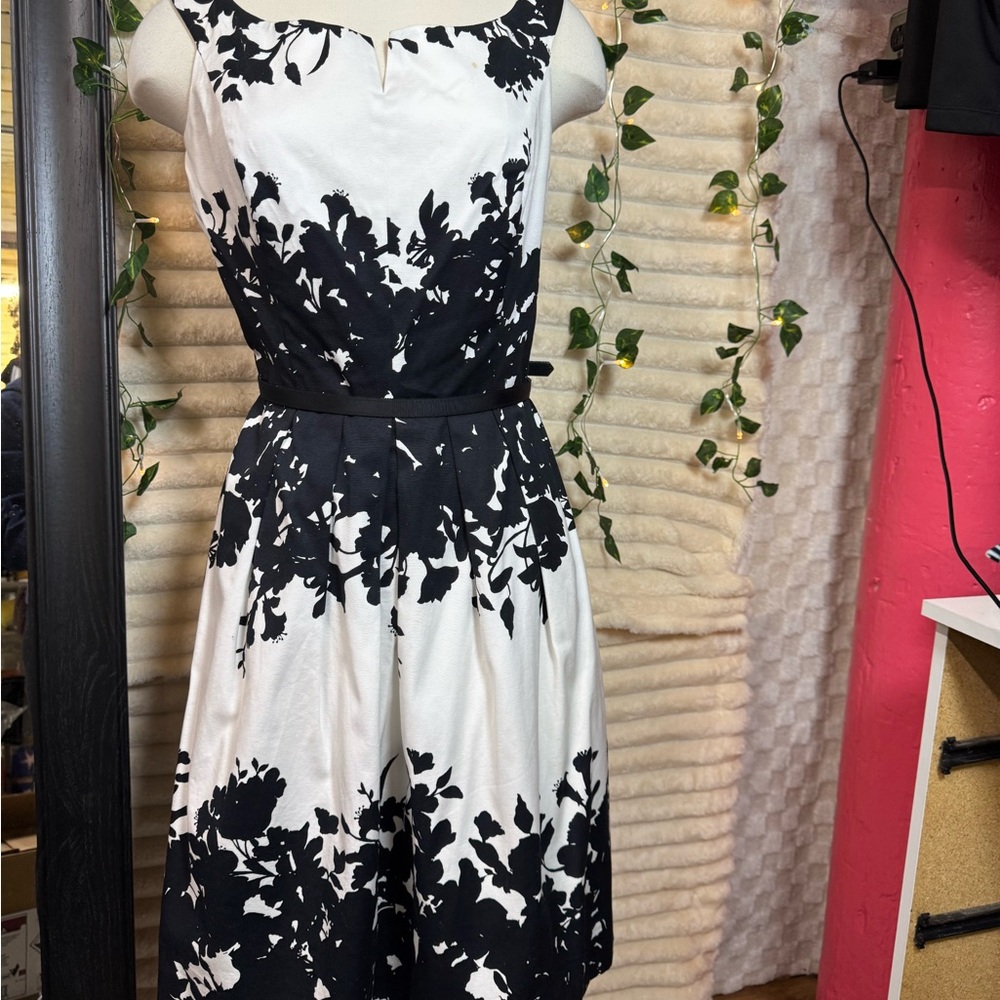 Classic Black & White Floral Fit-and-Flare Dress